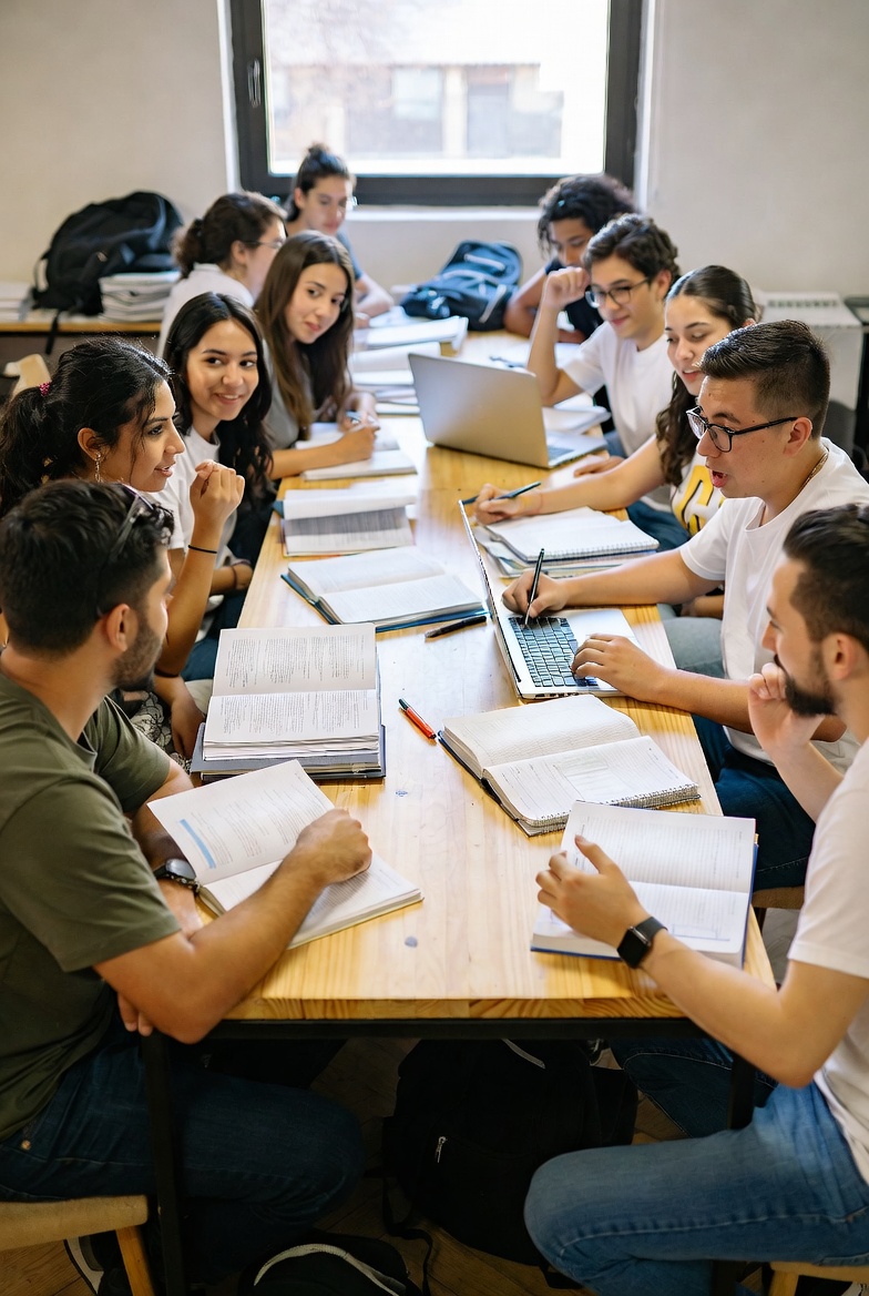 Students collaborating in a practical learning session